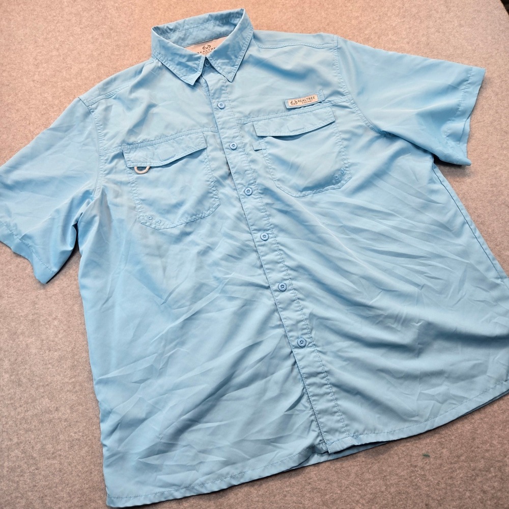Realtree Fishing Mens Short Sleeve Button Down Shirt Light Blue Ripstop XL